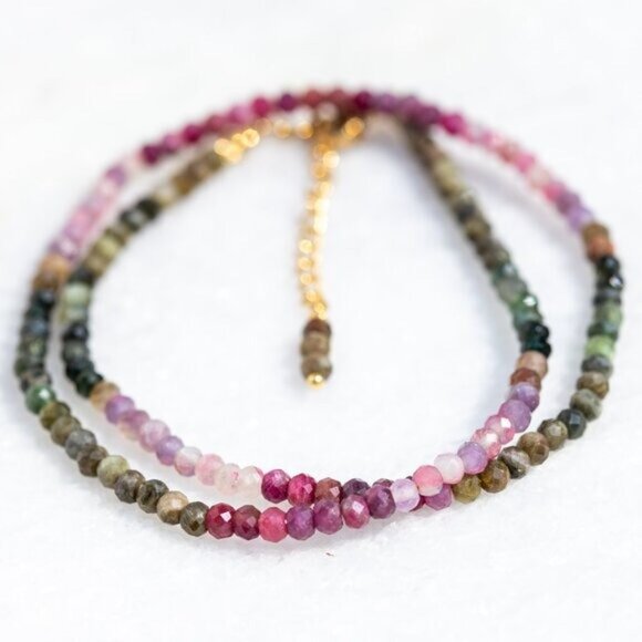 Beaded Necklace Watermelon Tourmaline Ombre Gemstone Jewelry October Birthstone - Picture 6 of 16